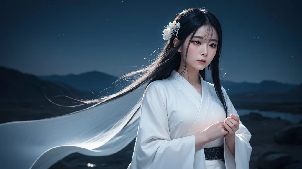 A delicate and lovely ancient goddess with lustrous black hair. She wears a white kimono wear  and a simple silver hair mixture. The background is a fantastic and ethereal night sky, as if possessed by a specter. Her expression is stern and atmospheric.