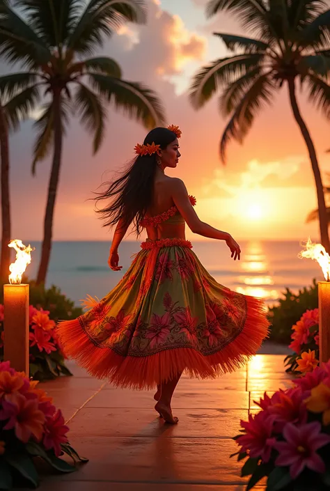 A beautiful Japanese girl dancing hula on a special outdoor stage in hula dance costume, hibiscus and plumeria decorated on the stage, torches lit at the four corners, palm trees and the ocean in the background, and the sunset.