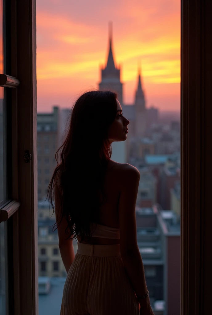 A young naked woman with long dark hair standing in a window frame, looking out at a city skyline with a cathedral or church spire visible in the distance