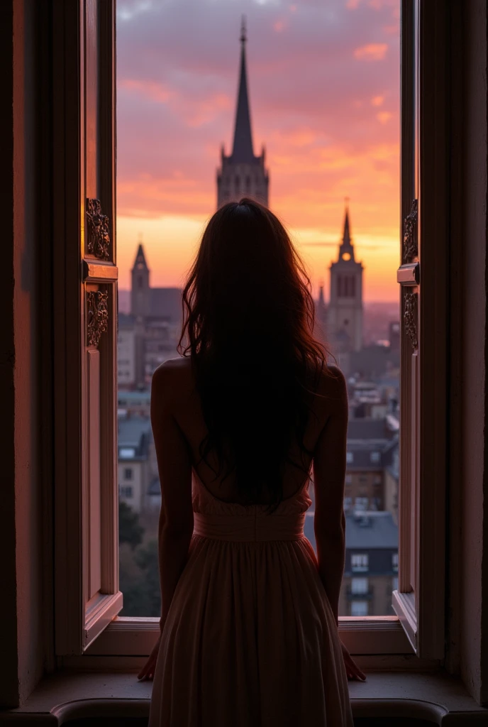 A young naked woman with long dark hair standing in a window frame, looking out at a city skyline with a cathedral or church spire visible in the distance