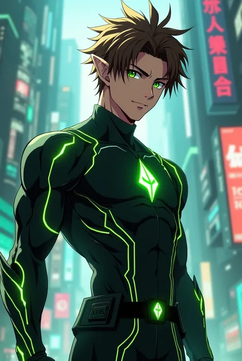 male character, brown hair and spiky upwards, greeneyes. little elf ear, black tech outfit with green details, There are two spines on each side of the forearm, He is muscular.. Anime character