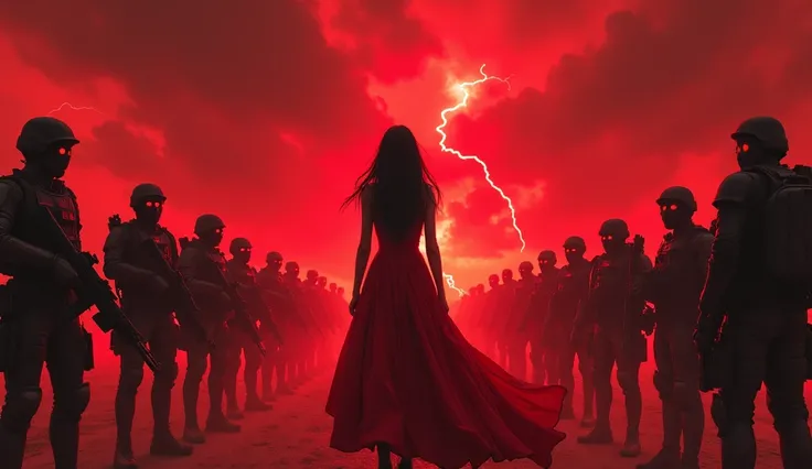 short  in red dress with tall black hair is controlling replica operatives wearing tactical gear and masks holding assault rifles. Her eyes glow red and the sky is chaotic red.