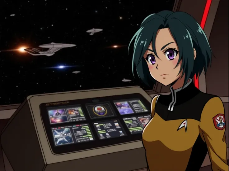 anime girl in starfleet uniform at console woth ships on viewscreen