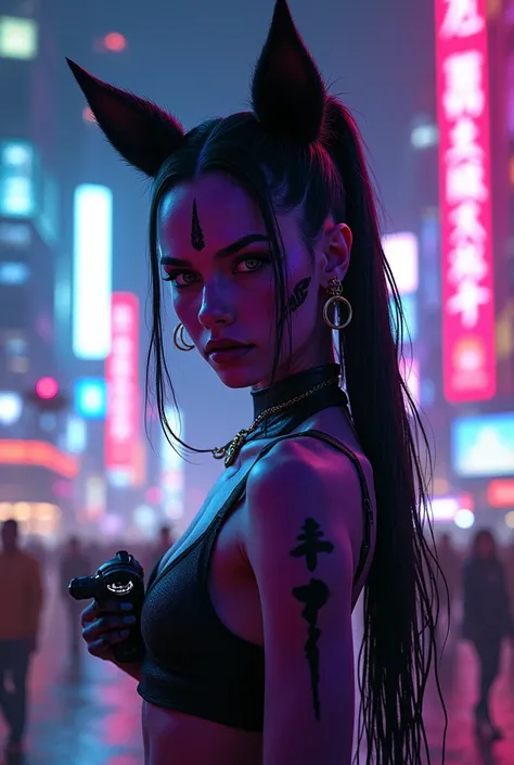 (photorealism:1.2), purple and black teenage loba, cyberpunk 3086