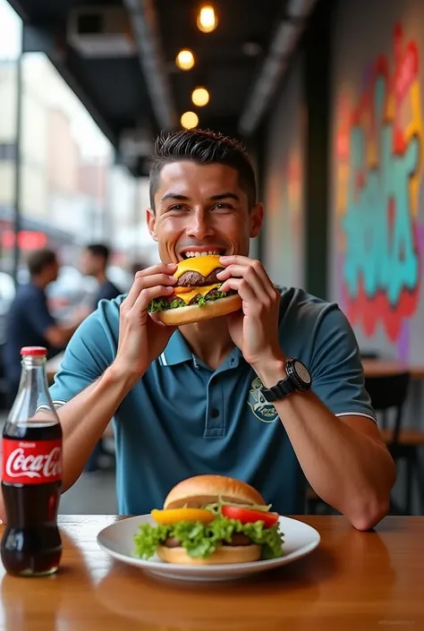 Cristiano Ronaldo eating a burger with Coca-Cola 