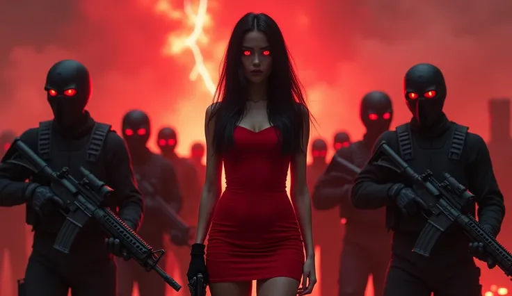 short  in red dress with tall black hair is controlling replica operatives wearing tactical gear and black elite masks holding assault rifles. Her eyes glow red and the sky is chaotic red.