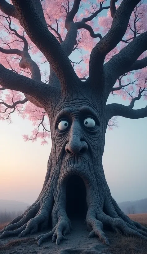 Whimsical yet eerie tree trunk with a carved face, wide eyes staring out in a surreal manner. The dark bark contrasts with the pastel sky, creating an unsettling atmosphere with a dreamlike, surreal quality.