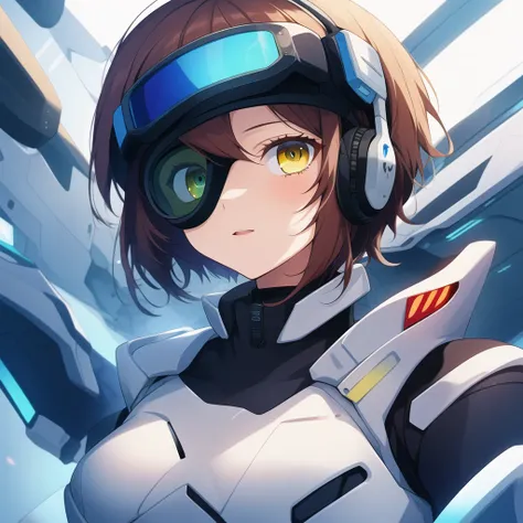 ((Highest quality)), ((masterpiece)), (detailed), 1 girl, yellow eyes, short hair, whole body, Portrait of a stylish 20 yo woman software engineer, ((wearing smart Futuristic goggles)), white Futuristic clothing with blue and red accent colors