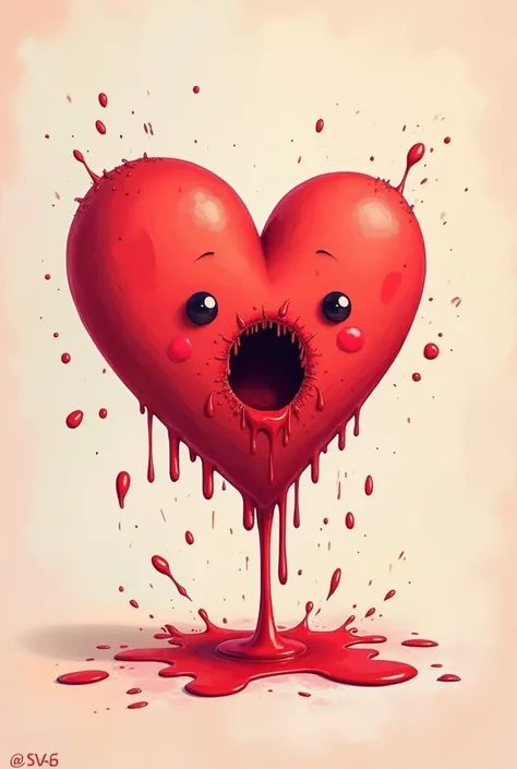 Drawing of a cute heart,  with a gunshot wound, that is bleeding, and has blood splattered around it 