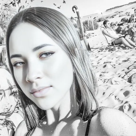 arafed woman with a black and white photo of a beach, drawn with photoshop, potrait, digital art!!, black and white filter, in the beach, by Emerson Silva, wideangle portrait, black and white picture, at a beach, edited in photoshop, grainy black and white...