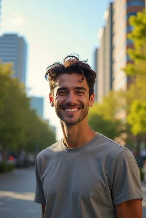 Take a realistic human photo of a 25-year-old man smiling