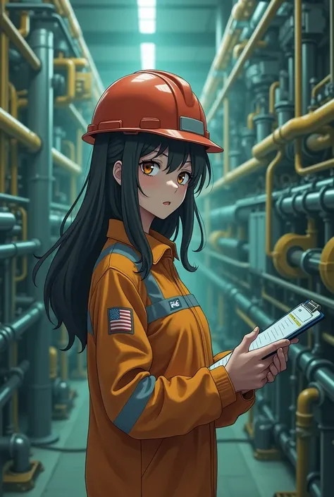 Semi-long hair　beautiful girl　22 years old　anime　Work clothes　Helmet　Sewage treatment plant　Midori Juji　Security confirmation