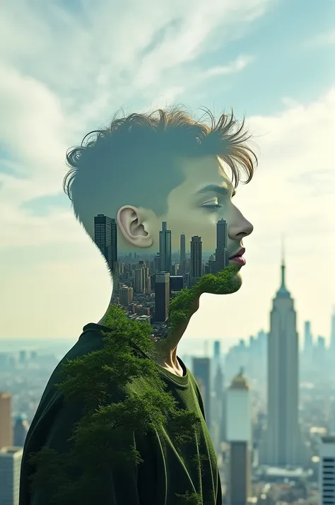 Epic highly detailed image generation, proper conceptual framework, double exposure, creation of a beautiful image of a silhouette of a young man inside capturing the essence of a citys skyline, proper reflection on the view, harmonizing with the nature su...