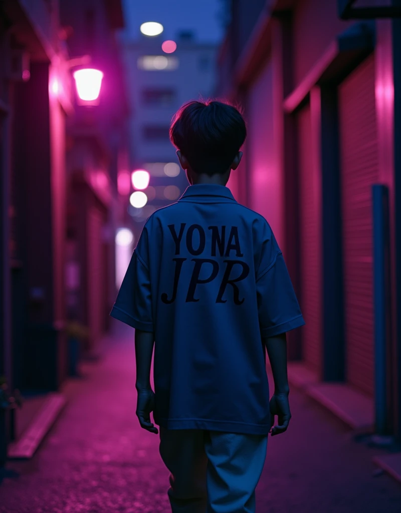 Adult boy with short hair, Walking backwards in a dark purple oversized tailored shirt that says Yona Jpr, Beige pants. At night with all dark purple. 