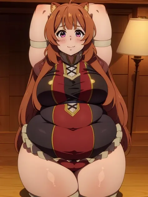 4K, detailed eyes,fat face, chubby arms, Fat Raphtalia, thick thighs, cute, happy, patpat