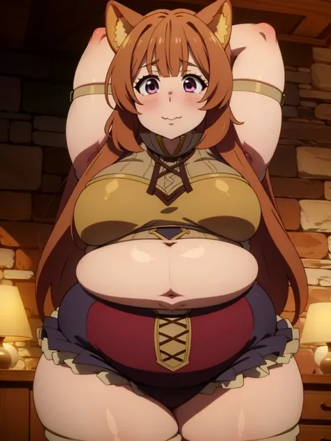 4k, detailed eyes,fat face, chubby arms, fat raphtalia, thick thighs, cute, happy, patpat