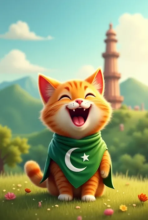 A laughing cat emoji wearing a Pakistani flag 