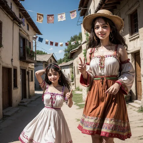 a beautiful gypsy, in her village, charismatic smile, playing a tambourine and dancing, with a dress decorated with several ribbons