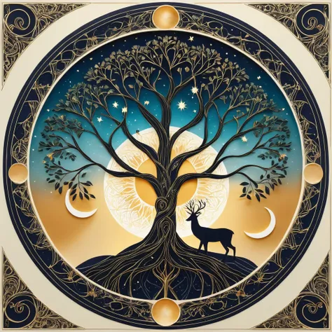 Elegant tree of life featuring sun, moon, and intricate engravings. Perfect for tarot, cards, tattoos, and posters. Generative AI (Evolution of life)、fibonacci、the golden ratio、melted wax、Visible brushstrokes、3D Mosaic Wireframe、neural graph、neurons、the tr...