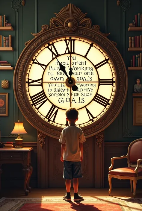 A boy seeing the time in wall clock and there is a quote in the wall clock

In that quotes"If you aren’t busy working on your own goals, you’ll be 
working to achieve somebody else’s goals."
This lines are there