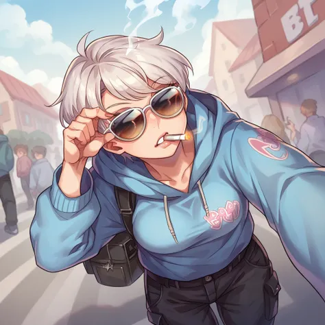 POV girl smoking a cigarette on a terrace, The girl has a pastel blue hoodie and black cargo pants, He also wears sunglasses