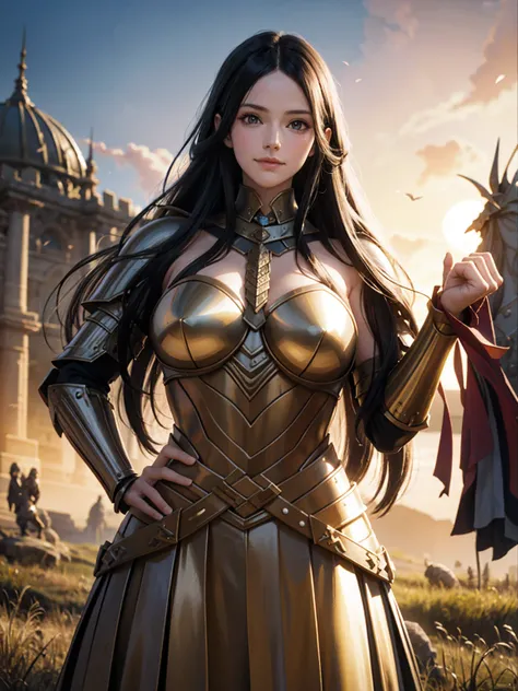 arwen, (ancient armor:1.2), fluttering hair, long wavy hair, long curl hair, (upper body from below:1.2), blush, gentle smile, hands on hip, in grassland, sunrise