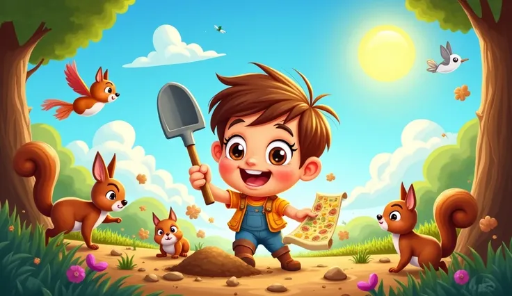 "A cheerful cartoon child with a small shovel, digging into the soft earth, with a treasure map in hand, surrounded by playful woodland creatures, under a bright sunny sky."