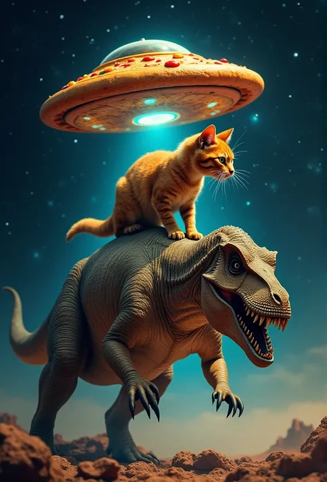 A cat rides on the back of a Tyrannosaurus rex，Aggressive Posture，There is a flying saucer shaped like a pizza in the sky.，The background is the vastness of space，Realistic style，Ultra Clear，Photorealistic，