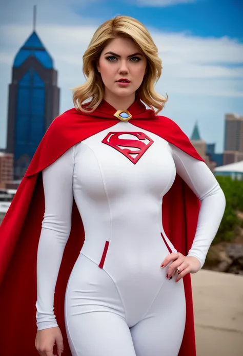 Kate Upton in a white bodysuit with a red cape, power girl, amouranth as a super villain, full-cosplay, cory chase as an atlantean, as a retro futuristic heroine, amouranth, cosplay photo, professional cosplay, better known as amouranth, cosplay, publicity...