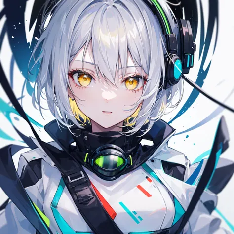 ((Highest quality)), ((masterpiece)), (detailed), 1 girl, yellow eyes, short hair, whole body, Portrait of a stylish 20 yo woman software engineer, ((wearing smart Futuristic goggles)), white Futuristic clothing with blue and red accent colors