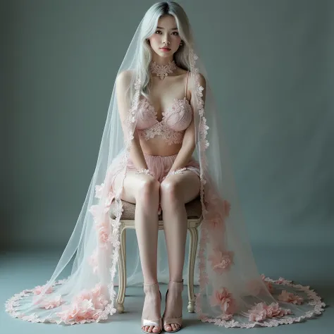 Hyper-realistic photo of a professional model with pale skin posing for a fashion photoshoot. Beautiful model in transparent floral lace night short dress, slender figure, beautiful large breasts, covered in transparent veil, lots of body exposure, full bo...