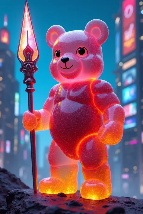 Futuristic warrior gummy bear, he holds a big shiny and technological spear