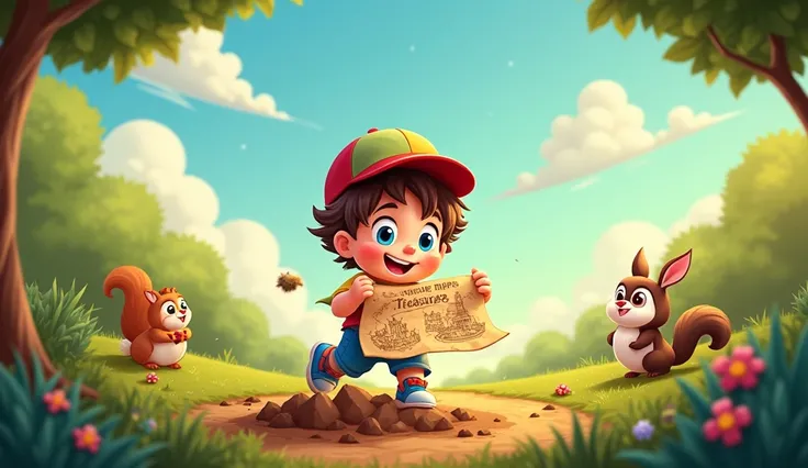 "A cheerful cartoon child with a small shovel, digging into the soft earth, with a treasure map in hand, surrounded by playful woodland creatures, under a bright sunny sky."