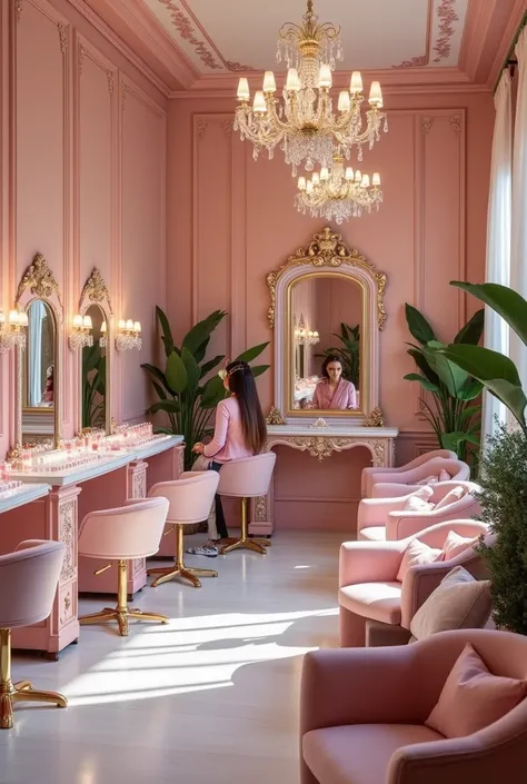 a beauty studio with hairdresser, manicure and eyelashes, pink tones and very elegant and large