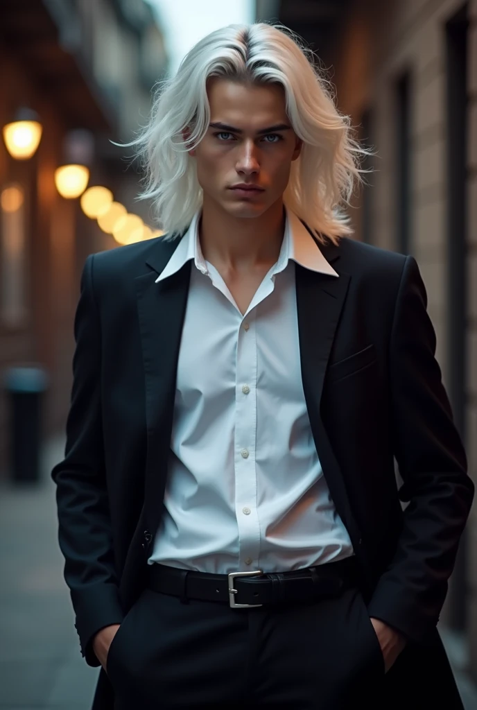 A white haired boy of 18 years old with deep blue eyes wearing a white button up shirt and a black open suit with black gloves. 