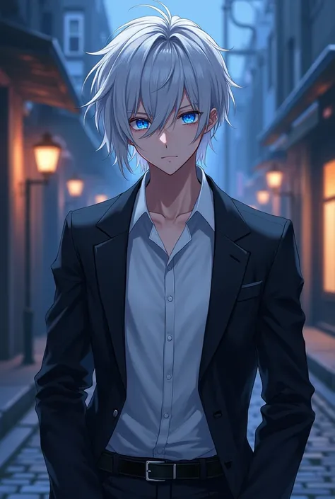 A white haired anime boy of 18 years old with deep blue eyes wearing a white button up shirt and a black open suit with black gloves. 