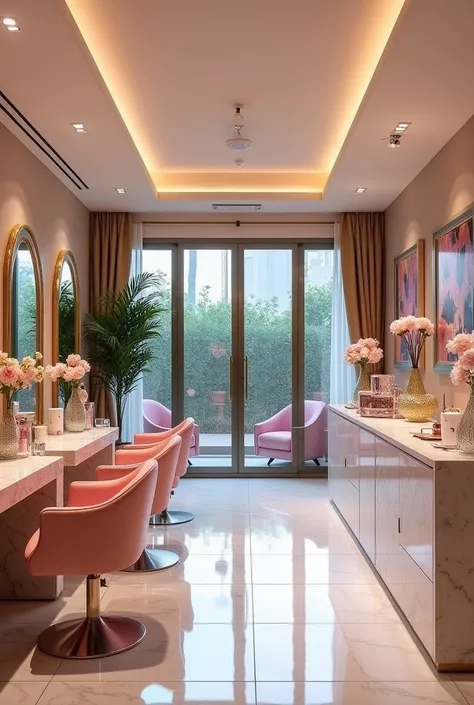 a beauty studio with hairdresser, manicure and eyelashes, pink tones and very elegant and large, create the front of the establishment
