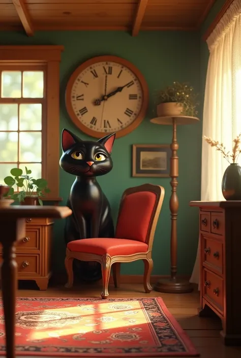 American contemporary antique room, Black cat wall clock, Tin trailer, pixar, ultra HD, precise, High details, awardwinning, best qualityer  