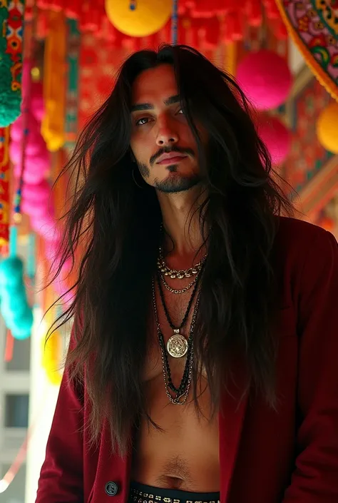 Musician Bill Kaulitz, Indian, decorations, long black hair