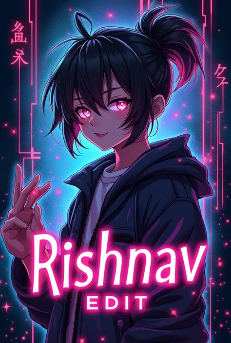 Create an eye-catching anime-style DP featuring the name Rishnav Edit. The design should include vibrant colors, a dynamic background, and elements inspired by popular anime themes. Incorporate futuristic or fantasy elements that make the logo stand out, g...