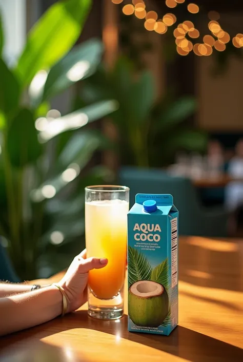 a restaurant table with a person drinking coconut water from Aqua Coco