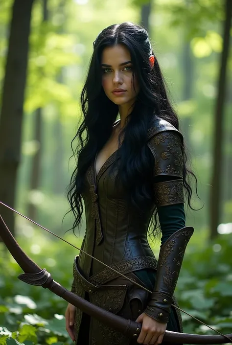 Create image of: a  female, black wavy hair, blue eyes with leather armor elf