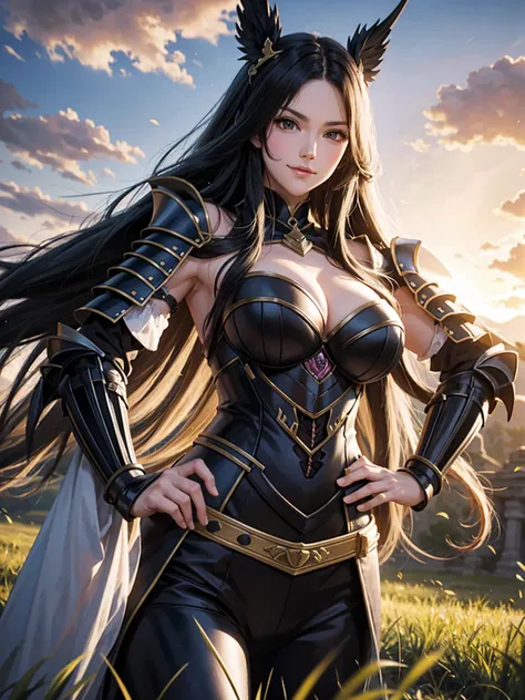 carmilla, (ancient armor:1.2), fluttering hair, long wavy hair, long curl hair, (upper body from below:1.2), blush, gentle smile, hands on hip, in grassland, sunrise