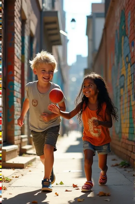 Create an image of two children playing in a peripheral alleyway, a white boy and a girl with indigenous features. 