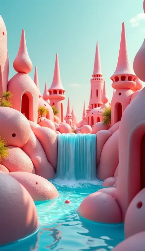 "Retro-futuristic surreal cityscape with pastel-colored, toy-like spires and a flowing waterfall in the center. The buildings have a handcrafted, claymation-style texture, with glossy surfaces and exaggerated, geometric shapes. The scene feels like it was ...