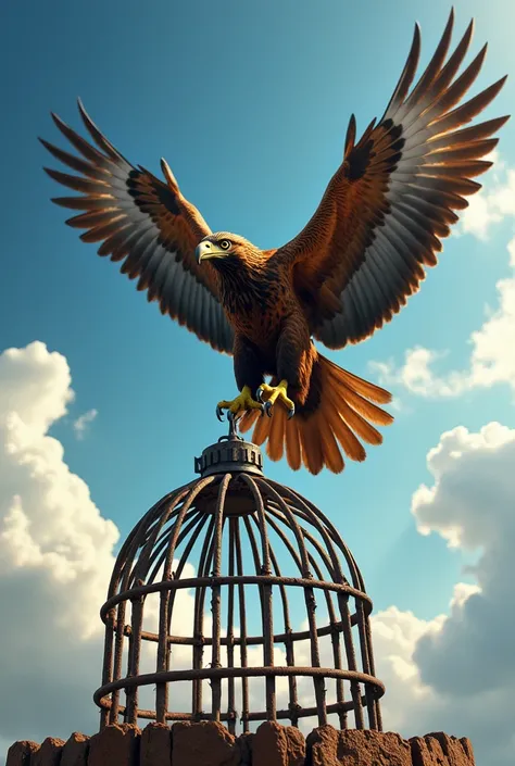 An eagle long trapped finally escaping from a cage and that eagle soaring into the sky 