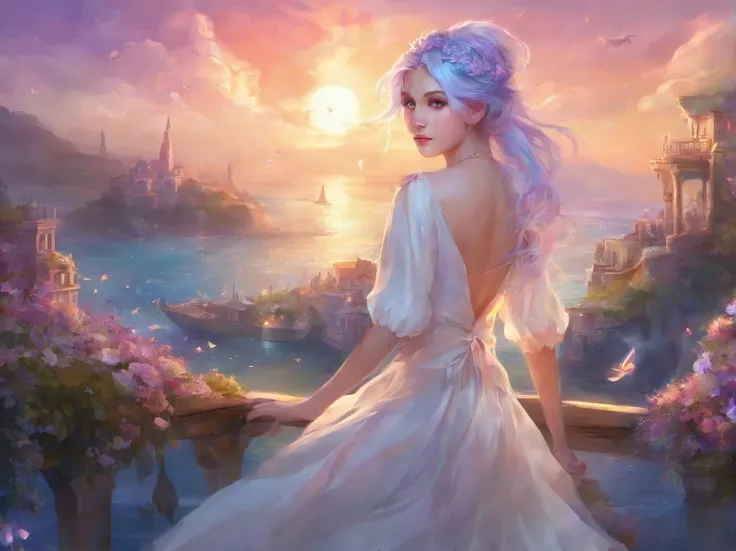 4K,masterpiece,Highest quality,Light blue hair,ponytail,,Purple eyes,White dress,Barefoot,Seaside town,front