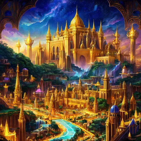 divine empire guarded by angels, dream citadel,golden walls decorated with gems of different colors and shapes, streets paved with gold,rivers of Tourmaline 