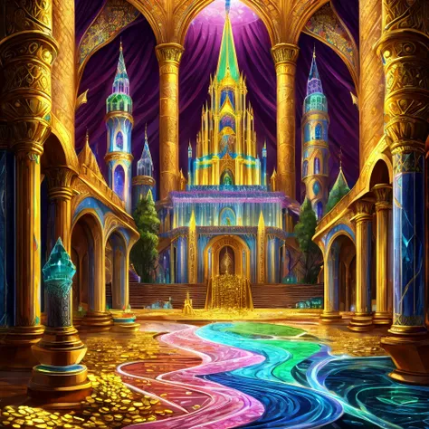 divine empire guarded by angels, dream citadel,golden walls decorated with gems of different colors and shapes, streets paved with gold,rivers of Tourmaline 