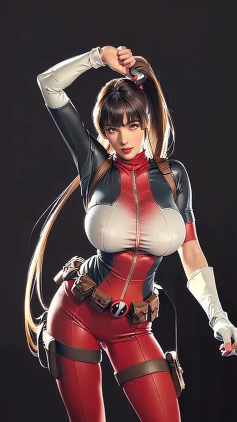 (（（Perfect body,White and tender skin,（（（BodySuit_lady_deadpool_ownwaifu，bodysuit, skin tight, superhero, Belt Pouch, utility belt, red bodysuit, gloves, weapon on back, thigh pouch, thigh strap, thigh holster, belt buckle, turtleneck,  ）））,（（（ailisha，Blac...